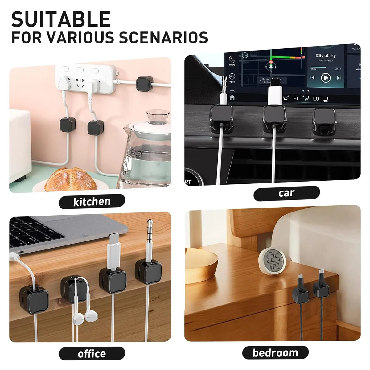 Magnetic Cable Clips, 6Pcs Cable Holder, Cable Management Clip, Adhesive Wire Holder Keeper Organizer, Cord Organizer for Home Office Desk Phone Car Wall Desktop Nightstand, Cable Management Kit, Cable Organizers for Cords