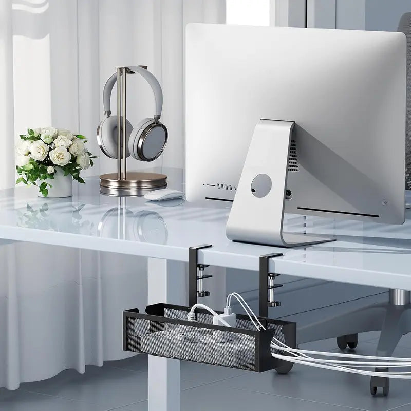 No-Drill Metal under Desk Management Tray, Power Strip & Organizer for Office,Under Desk Storage,Organizer Tray,Black